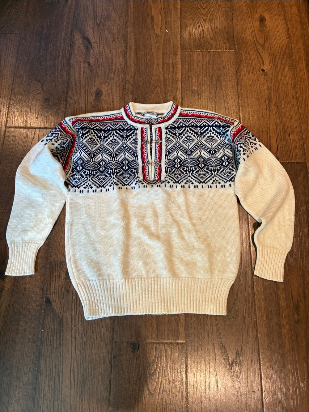 Women’s Cream Nordic Zip-Up Sweater with Navy & Red Pattern